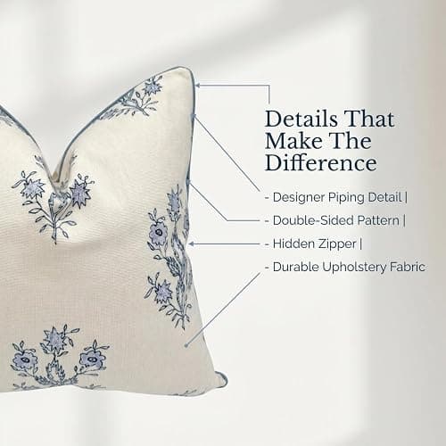 Jillien Harbor “The Mary” Blue and White Decorative Throw Pillow Cover – Floral Block Print Pillow Cover – Grandmillennial Home Decor, 19" x 19" thumbnail 4