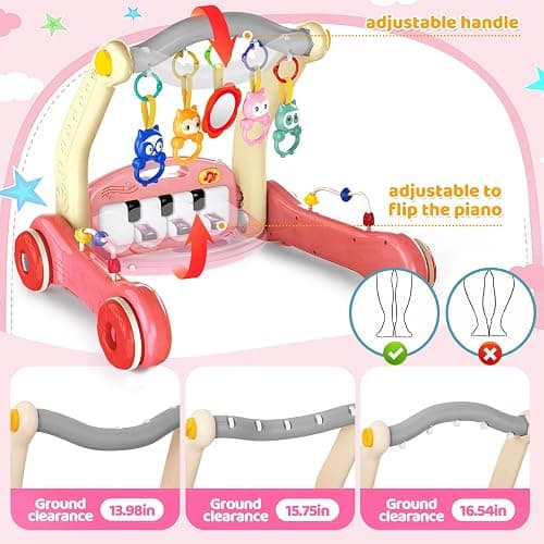 2 in 1 Baby Gym Play Mat with Walker, Kick and Play Piano Gym Activity for Boys Girls, Musical Activity Center Tummy Time Mat for 0-3-6-12-18 Months, Learning Walker Play Gym for Infant Girl Gift(RED) thumbnail 6