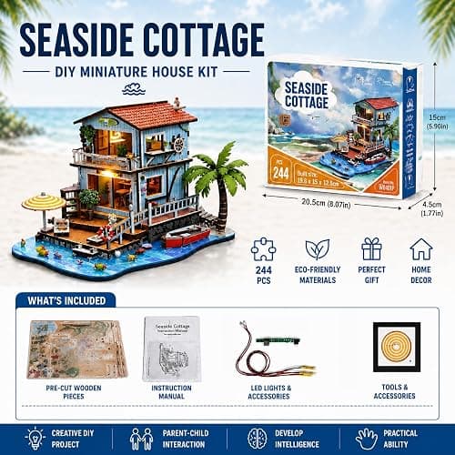 3D Wooden Puzzles for Adults, Seaside Cabin DIY Miniature House Kit with LED Light, Creative Booknook Kit, Ocean Theme Dollhouse Model Building Kit(244 pcs) thumbnail 6