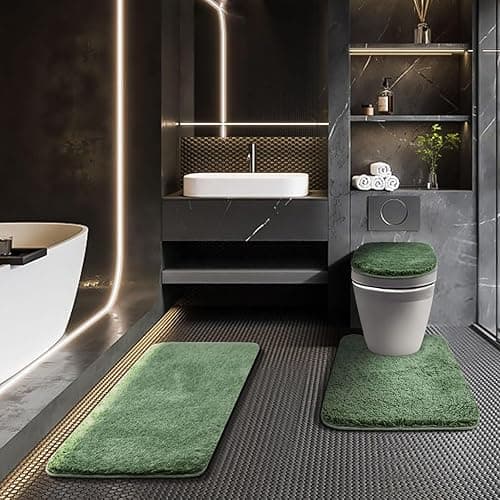 Baahrnom Bathroom Rugs Sets 3 Piece with Adjustable Toilet Seat Cover 17.5"x 15" Machine Washable Bath Rug Set with TPR Non Slip Rubber Backing Solid Bath Mat Set for Luxury Bathroom Decoration - Green