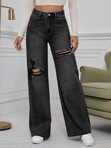 WDIRARA Women's High Waist Ripped Wide Leg Baggy Jeans Distressed Denim Pants thumbnail 3