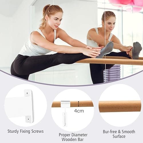 COSTWAY Wall-Mounted Ballet Barre for Kids Adults, 120cm Single Ballet Bar, Beech Wood Ballet Equipment for Home Studio Dance, Stretching, Yoga and Pilates thumbnail 2