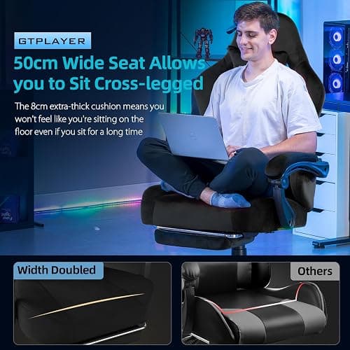 GTPLAYER Gaming Chair Fabric with Pocket Spring Cushion, Big and Tall Gamings Chairs 350LBS High Back Computer Chair with Footrest for Adults Lumbar Support Swivel Game Chair for Office Light Black thumbnail 8