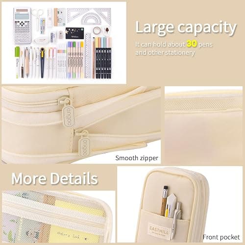 EASTHILL Big Capacity Pencil Case Large Pencil Pouch Stationery Pen Bag for Teen Girls-Cream - Cream thumbnail 4