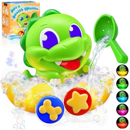 Dinosaur Baby Bath Toys for 1 2 3 Year Old Boys, Dino Bath Bubble Machine with Rainbow Lights & Water Scoop,Fun Toddler Toys Baby Shower Bathtub Toys Christmas Birthday Gifts for Boys Age 1-3 Year Old - Image 1