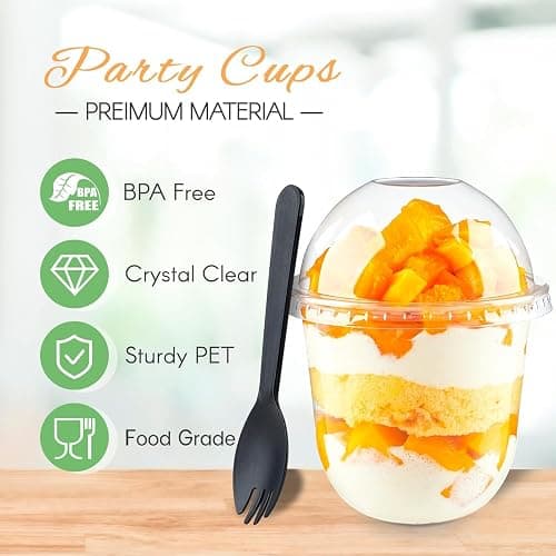 Zezzxu 50 Pack 12 oz Plastic Dessert Cups with Dome Lids (No Hole) and Sporks, Clear Disposable Fruit Cups with Lids for Yogurt Parfait Ice Creams Pudding Cakes thumbnail 4