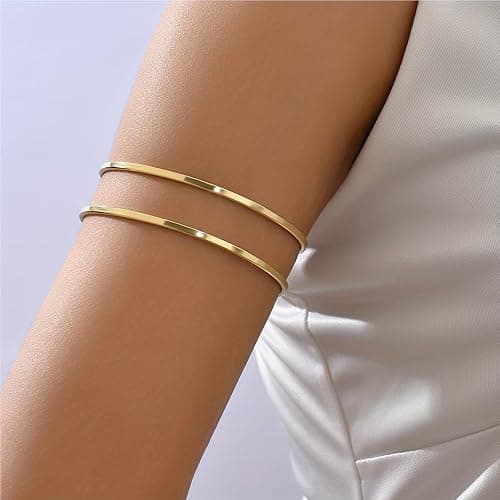 KONPJE Arm Cuff Bracelet for Women Gold Arm Cuff Upper Arm Layered Cuff Bangle Bracelet Minimalist Armband Stackable Jewelry for Summer Beach thumbnail 3