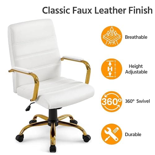 Yaheetech Faux Leather Office Chair Mid-Back Computer Desk Chair w/Lumbar Support Swivel Chair w/Gold Leg White Seat for Home thumbnail 5