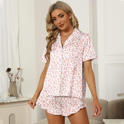 SAPJON Satin Silk Pajamas for Women 2Pcs Ruffle Notch Collar Sleepwear Button Down Short Sleeve Shorts Pjs Set Loungewear thumbnail 5