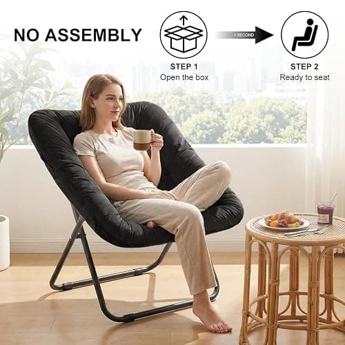 Saucer Chair, Folding Chairs for Living Room, Comfy Adults Chair with Soft Faux Fur for Bedroom, Reading and Dorm Room, X-Large (Black) thumbnail 6