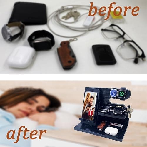 VEIYAILU Gifts for Dad Men Mom Women from Daughter Son Birthday Gifts Nightstand Organizer Mens Wood Phone Docking Station (Black) thumbnail 7