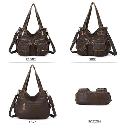 Angel Kiss Women's Designer Handbag Large Double Zipper Multi Pocket Washed Leather Purse thumbnail 7