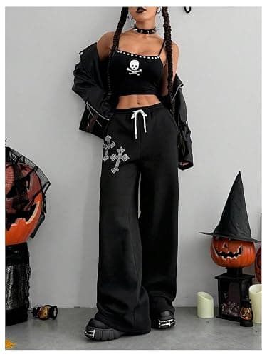 SOLY HUX Women's Y2k Baggy Pants Drawstring Waist Gothic Rhinestone Wide Leg Sweatpants thumbnail 5