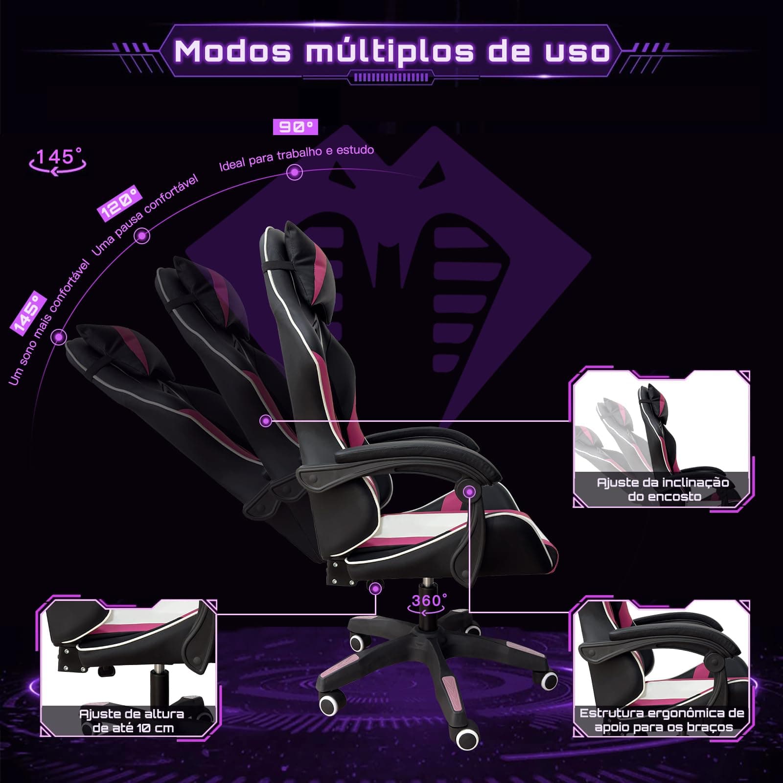Cadeira Gamer Python Fly, Design Estilo Gamer, Tecido Respirável, Design Ergonômico (Rosa) thumbnail 4