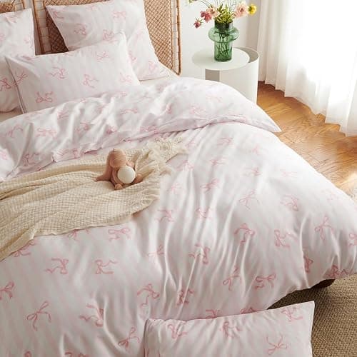 Lanqinglv Double Duvet Cover Bedding Set Bow Striped Printed, Super Soft Microfibre Double Duvet Set Cosy Stylish Pink Duvet Cover with 2 Pillowcases, Birthday Gifts for Women Girls thumbnail 4