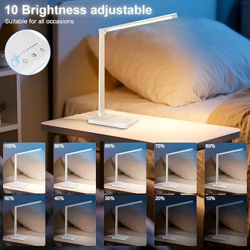 White crown LED Desk Lamp Dimmable Table Lamp Reading Lamp with USB Charging Port, 5 Lighting Modes, Sensitive Control, 30/60 Minutes Timer (White, First-Generation) thumbnail 7
