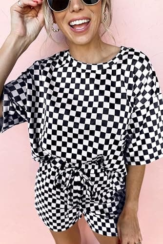 SELINK Womens 2 Piece Outfits Casual Checkered Top and Short 2pcs Set Plaid Short Sleeve Round Neck Daily Sweatsuit thumbnail 4