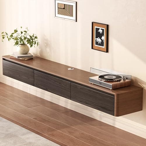TreLined 66.92" Floating TV Stand for TVs up to 75", Mid Century Farmhouse Wall-Mounted TV Cabinet, Media Console Table with 3 Storage Drawers, Floating TV Cabinet for Living Room, Bedroom, Walnut - 1 Pack: 66.92" - Image 1