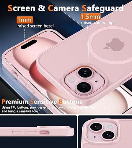 FNTCASE for iPhone 15 Case: for iPhone 14 & iPhone 13 Case | Magnetic Frosted Translucent Slim Shockproof Cell Phone Cover | Military Grade Protection Drop Proof Tough Protective Cases - LightPink - iPhone 15 / iPhone 14 / iPhone 13(6.1 inch) - Light Pink thumbnail 5