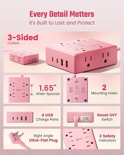 Pink 10 Ft Extension Cord Power Bar with Surge Protector 8Outlets 4USB | Mountable Flat Plug Power Strip, Surge Protection for Home, Office, Dorm Essentials thumbnail 8