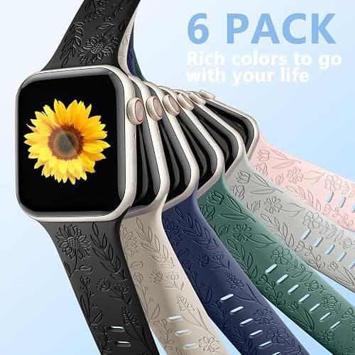 6 Pack Floral Engraved Bands Compatible with Apple Watch Strap 40mm 44mm 45mm 38mm 41mm 49mm 42mm Women, Soft Silicone Cute Flower Pattern Sport Band for iWatch Bands Ultra SE Series 9 8 7 6 5 4 3 2 1 thumbnail 9
