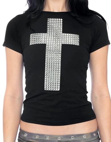 BAIMORE Women's Y2K Gothic Retro Punk 3D Studded Cross Rhinestone Print Slim-Fit Cropped T-Shirt for Streetwear Looks thumbnail 2