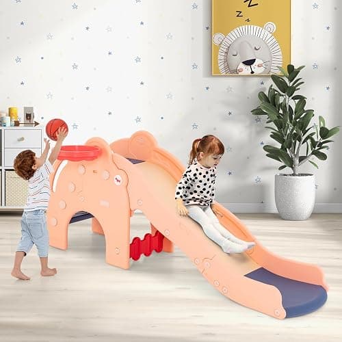 COSTWAY 4 en 1 Toboggan Enfant en Forme Éléphant avec Panier de Basketball, Toboggan Extérieur Intérieur en HDPE avec Ballon, Aire de Jeux pour Glisser & Grimper, Charge 50kg pour 18 Mois+(Rose) thumbnail 9