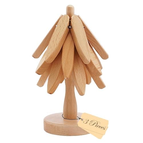 Wooden Tree Trivets for Hot Dishes, 3 Wooden Trivet + 1 Stand Natural Wooden Coaster for Hot Dishes, Pot, Bowl, Teapot, Hot Pot Holders, 3 Foldable Christmas Tree-Shaped Trivets - Image 1