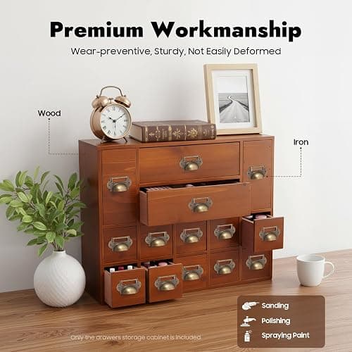 Armoire de rangement avec 14 tiroirs - Organiseur de tiroir de table - En bois vintage - 3 tailles différentes thumbnail 4