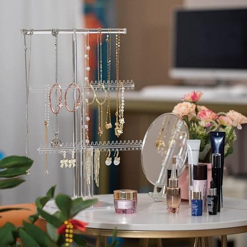 lengnoyp Premium Jewelry Stand, Earring Holder, Necklace Holder Stand, Clear 3-Tier Acrylic Large Storage Jewelry Organizer Stand & Bracelet/Bangles Stand, 48 Earring Holes Display Stands thumbnail 2