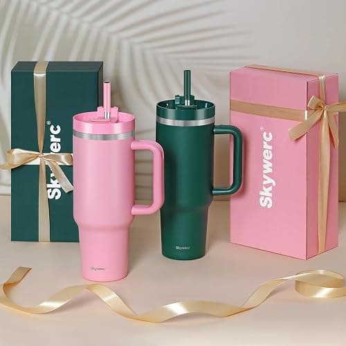 40 oz Tumbler with Handle and Straw, 2 in 1 Lid, Vacuum Insulated Stainless Steel Double Wall Water Bottle Travel Mug - Holiday Gifts for Women Men - Pink thumbnail 2