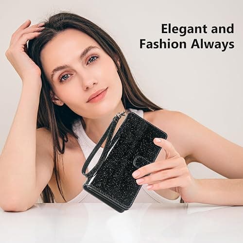 Varikke for iPhone 15 Case Wallet Strong Magnetic Detachable, Black | Magnetic Detachable Phone Cover, with 9-Card Holder Slots, Glitter PU Leather Flip Removable Wallet for Women with Wristlet thumbnail 6