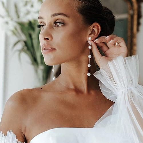 Trinckle Pearl Earrings for Women, Gold Pearl Drop Earrings Dainty Silver Dangle Earring for Wedding, Bow Stud Jewelry as Christmas Gifts Statement Silver Hoop Bride Earring as Boho Prom Accessories thumbnail 3