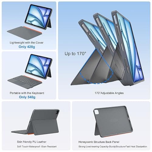 WIWU for iPad Case with Keyboard 11 Inch A16 10th Gen 3 in 1 Magnetic Detachable Keyboard Case Adjustable Stand Backlit Keys with Touchpad (Grey, for iPad 11/10/Air 5/4/11"(M2/M3) Pro 11" 4/3/2/1) thumbnail 5