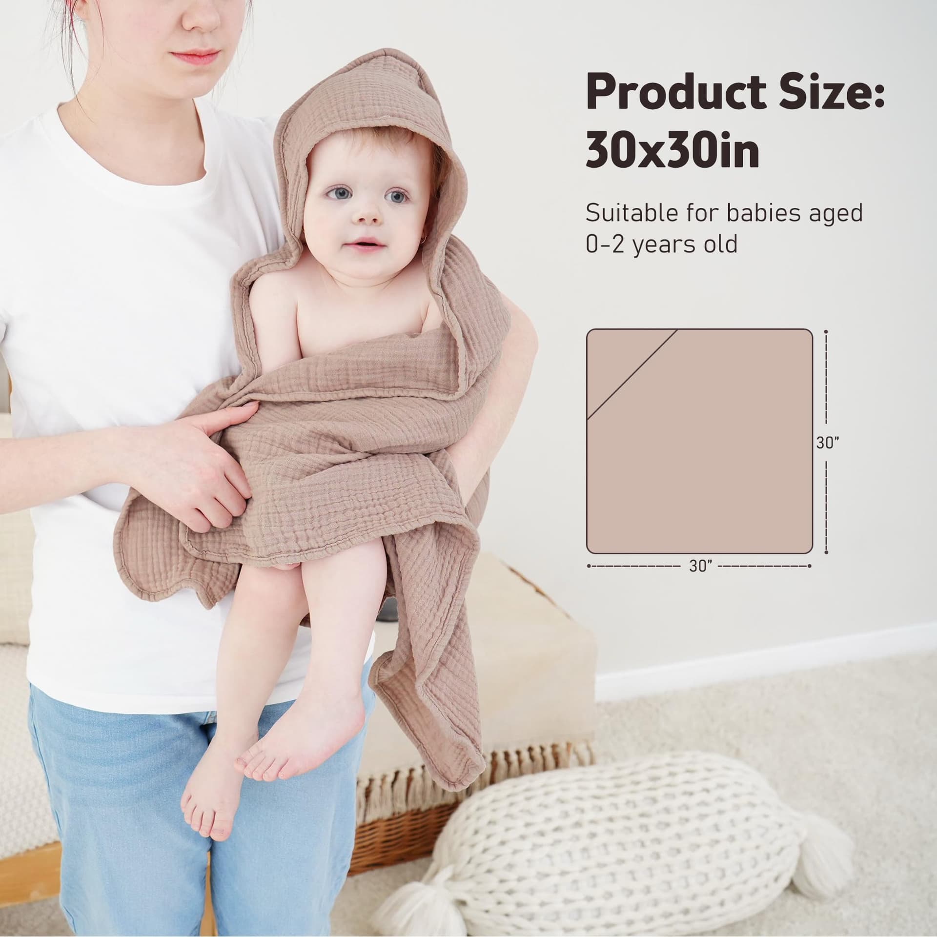 Susurration - Toallas de baño de muselina con capucha para bebé recién nacido, 100% algodón muselina para bebés unisex, niños y niñas - 76 x 76 cm, paquete de 2 (Arena y Crema) - Image 1