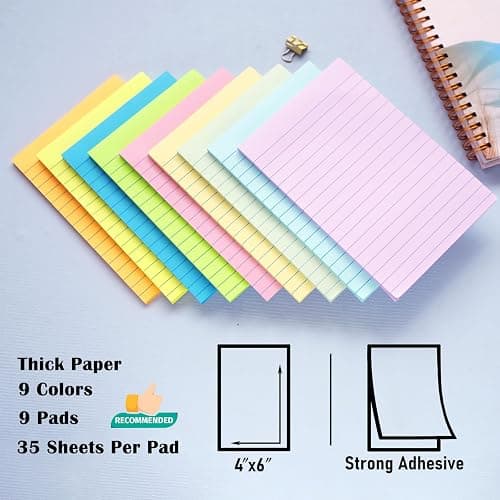 HQCME 9 Pack Lined Sticky Notes 4X6 in Post, 9 Pastel Colors Large Ruled Post Sticky Colorful Super Sticking Power Memo Pads Strong Adhesive, Sticky Notes with Lines Office, Home, 35 Sheets/pad thumbnail 3