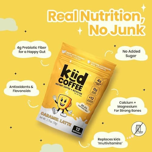 Kiid Coffee - 99.9% Caffeine-Free Organic Coffee for Kids - As Seen on Shark Tank - 12 Vitamins & Minerals, 4g Prebiotics, 0g Sugar - Non-GMO & Gluten-Free - Healthy Snack - Caramel - 12 Servings thumbnail 3