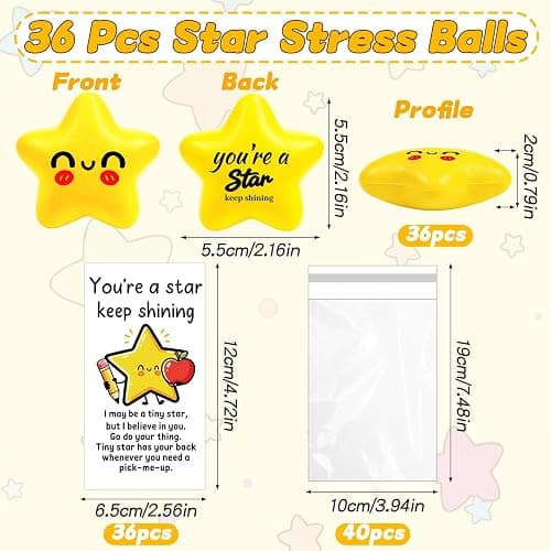 Natonhi 36 Pack Back to School Gifts for Students, Yellow Smile Squeeze Star Squishy Stress Balls Bulk with Blessing Cards for First Day of School Classroom Prizes Party Favors Exchange Gifts thumbnail 3