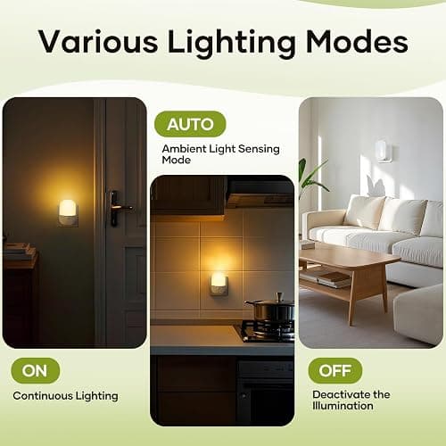 2 Pack Plug in Night Light with Dusk to Dawn Photocell Sensor, 5 Adjustable Brightness Levels, ON/Off/AUTO Modes, 3000K Warm White LED Night Light for Baby, Hallways, Stairs, Bedrooms, Kitchens, 0.3W thumbnail 5