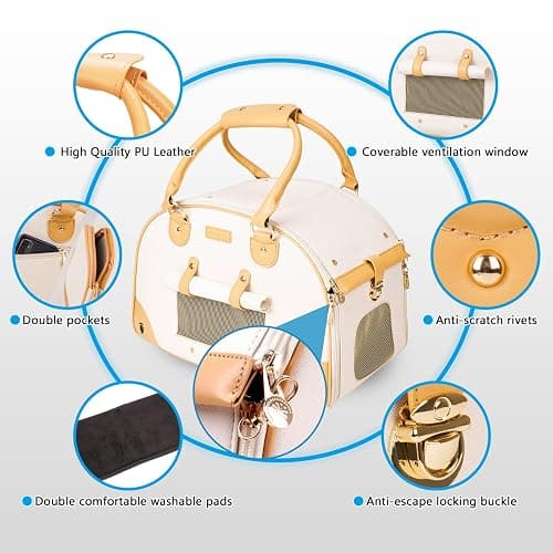 Johomviin Dog Carrier, Cat Carrier, Pet Carrier, Foldable Premium PU Leather Dog Purse, Portable Tote Bag Carrier for Small to Medium Cats and Small Dogs（Creamy White -Medium） thumbnail 3