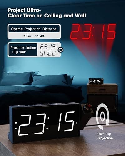 Projection Alarm Clock on Ceiling,Digital Clock for Bedroom with Battery Backup,7”Large Display,USB Charger,Dimmer,180° Rotatable Projector,12/24H,Snooze,DST,Loud Alarm Clock for Kids,Adults,Elders thumbnail 2