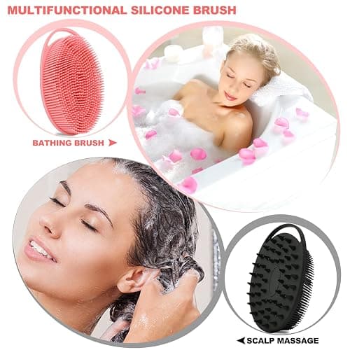 2 Pack Silicone Body Scrubber, Loofah Double-Sided Body Brush,Shower Scrubber and Scalp Massager Shampoo Brush for Sensitive Kids Women Men All Kinds of Skin (Black & Pink) thumbnail 4