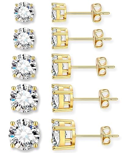5 Pairs 14K Gold Plated Stud Earrings for Women, Hypoallergenic Earring Sets for Multiple Piercing, Premium Cubic Zirconia Studs Earrings for Women thumbnail 8