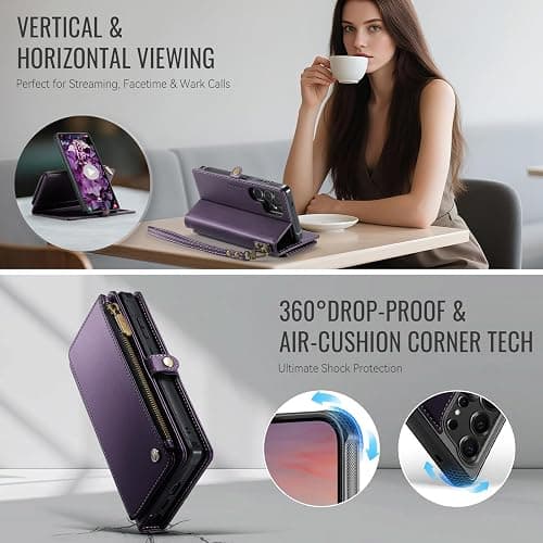 Defencase for Samsung Galaxy S25 Ultra Magnetic Wallet Case Compatible with Magsafe with RFID Blocking Zipper & Card Holder Women, PU Leather Detachable Phone Case for Galaxy S25 Ultra 6.9", Purple thumbnail 5