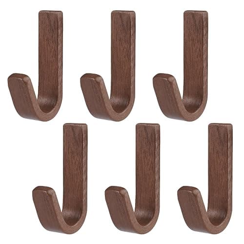 Lot de 6 Patères en J Couleur Noyer, pour Salle de Bain, Chambre, Entrée | Crochets Autocollants en Bois de Noyer Type J, Surface Polie, Wall Mount Walnut Wooden Hooks for Hanging, Patère Bois Murale - Image 1