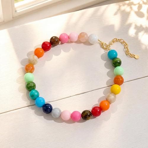 ZHDHDQ Multicolor Chunky Beaded Necklace, Statement Colorful Round Ball Beads Choker Necklace with Gold-Tone Adjustable Chain, Fashion Bold Neck Jewelry for Women thumbnail 6
