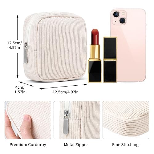 Small Makeup Bag for Purse – Mini Travel Cosmetic Pouch with Metal Zipper, Compact Corduroy Mini Makeup Bag for Cosmetics, Jewelry, Cables – Cute and Vintage Design, Beige thumbnail 2