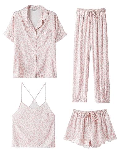 SAPJON Silk Pajamas for Women Set 4Pcs Ruffled Satin Pajamas Set Button Down Short Sleeve Cami Shorts Sleepwear Pj Set - Image 1