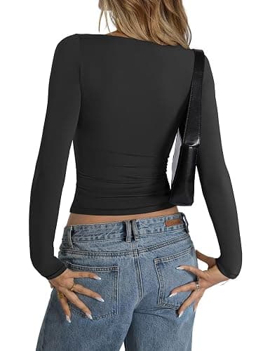 EasyGala Womens Double Lined Long Sleeve Shirts Boat Neck Going Out Tops Trendy Slim Fitted Tees Basic Fall Outfits 2025 thumbnail 5