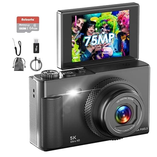 5K Digital Camera, 75MP Vlogging Camera with 64GB SD Card, 2.8'' 180° Flip Screen, 18X Digital Zoom, AF Autofocus, Antishake, Flash, Compact Point and Shoot Digital Cameras for Beginners Teens Adults - Image 1